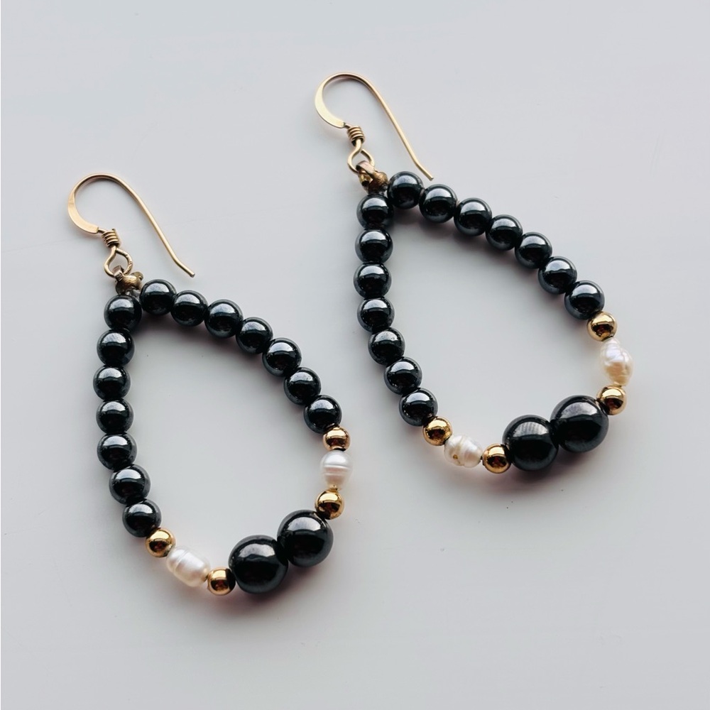 Vintage 14K GP 925 Silver Hematite Pearl Beaded Teardrop Earrings 2” Hallmarked